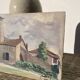 Oil on vintage wood panel / painting representing a village in the Landes
