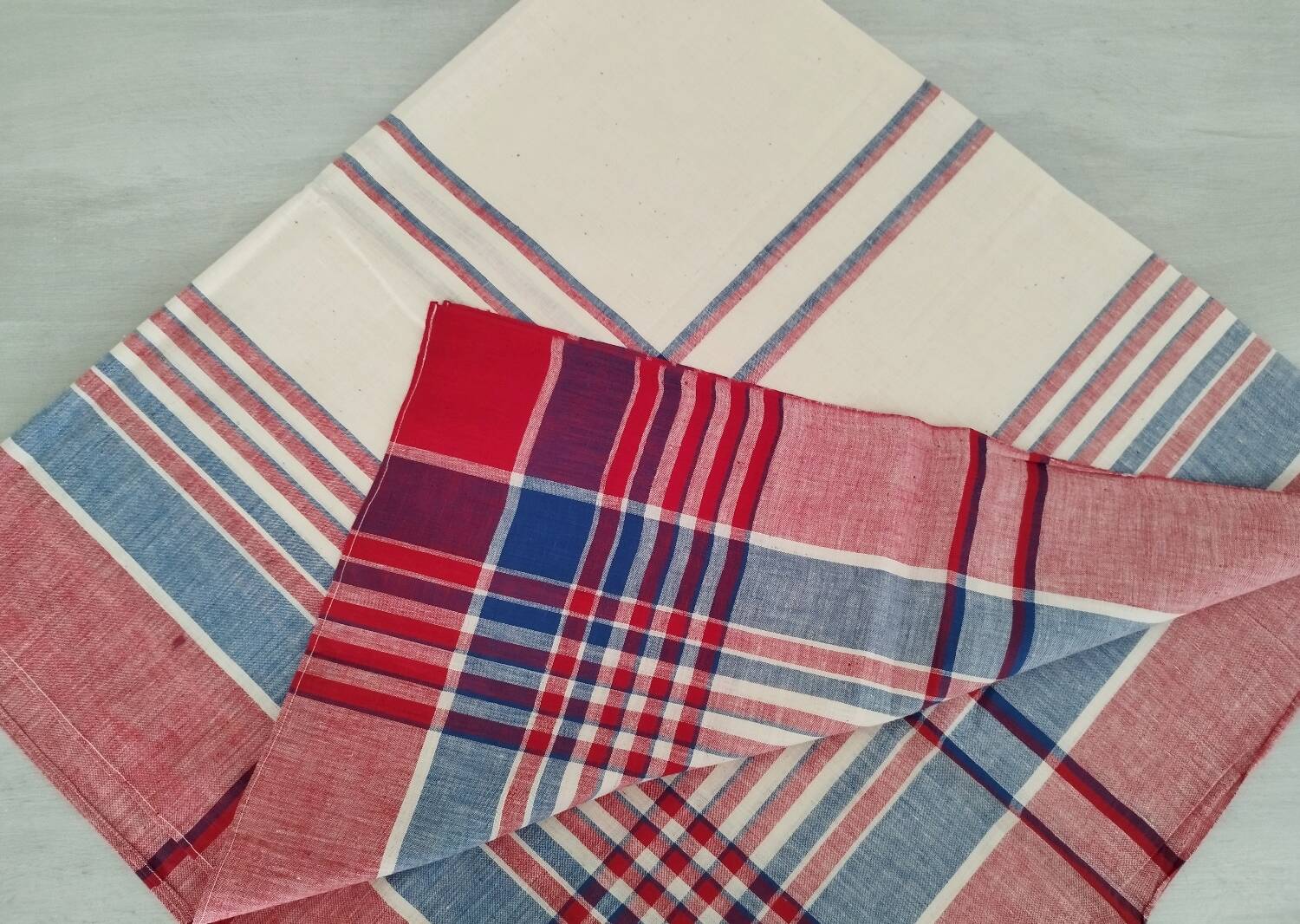 Square cotton tablecloth vintage red and blue checks and stripes