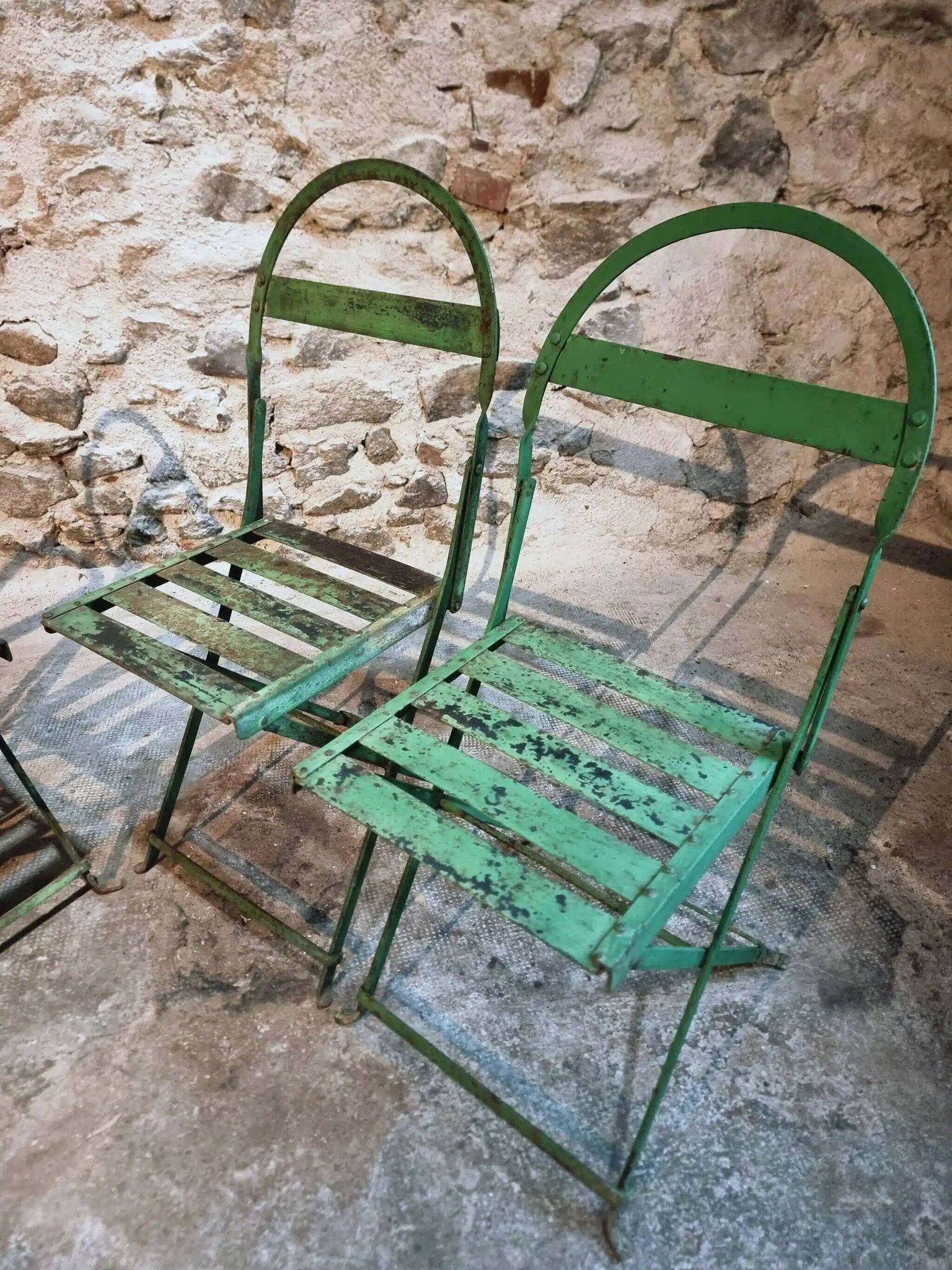 Set of 4 Antique Iron Folding Garden Chairs - 1920s Riveted Bistro Chairs with Aged Green Patina
