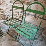 Set of 4 Antique Iron Folding Garden Chairs - 1920s Riveted Bistro Chairs with Aged Green Patina