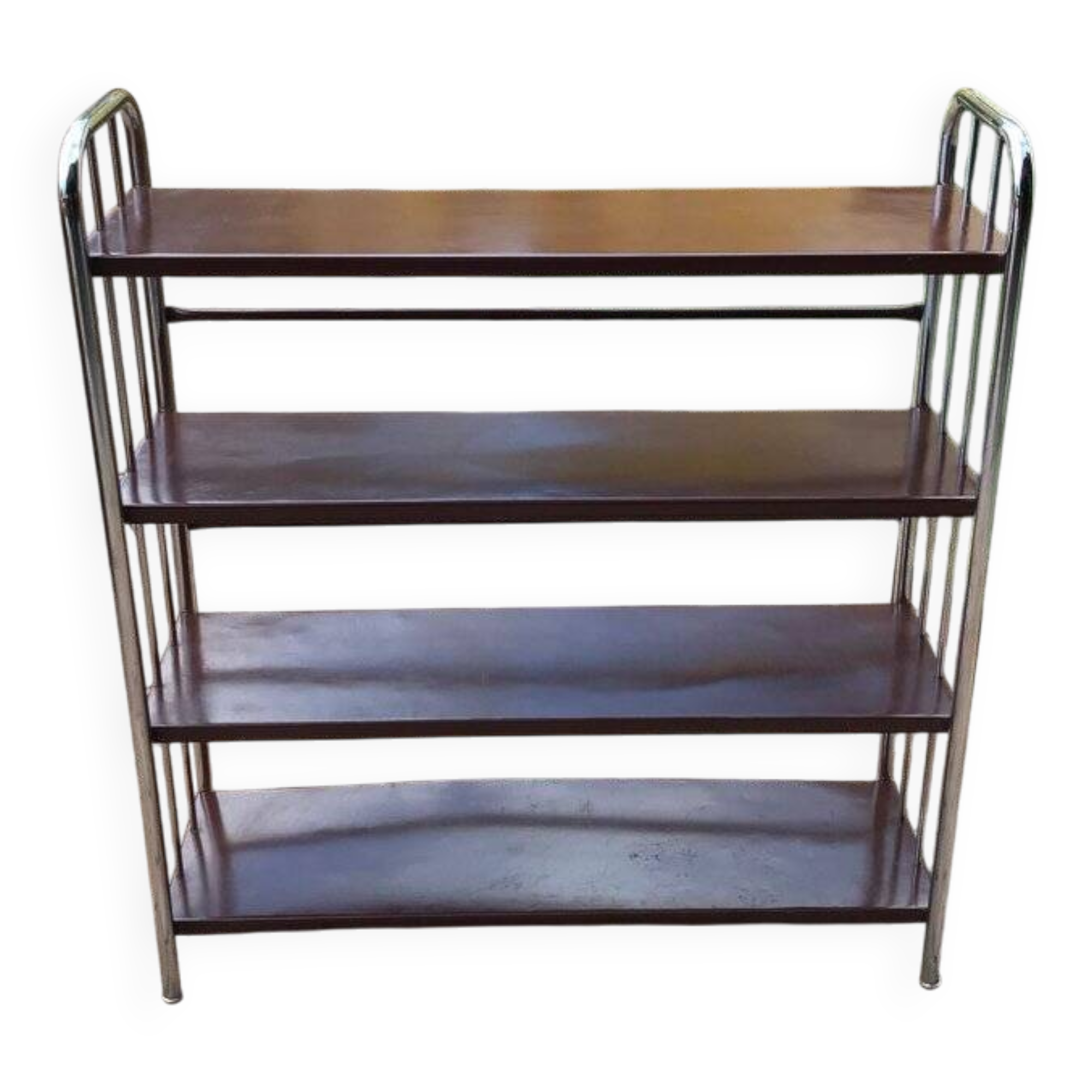 Brown metal Bauhaus industrial bookshelf, 4 shelves, 1920s Czech Republic