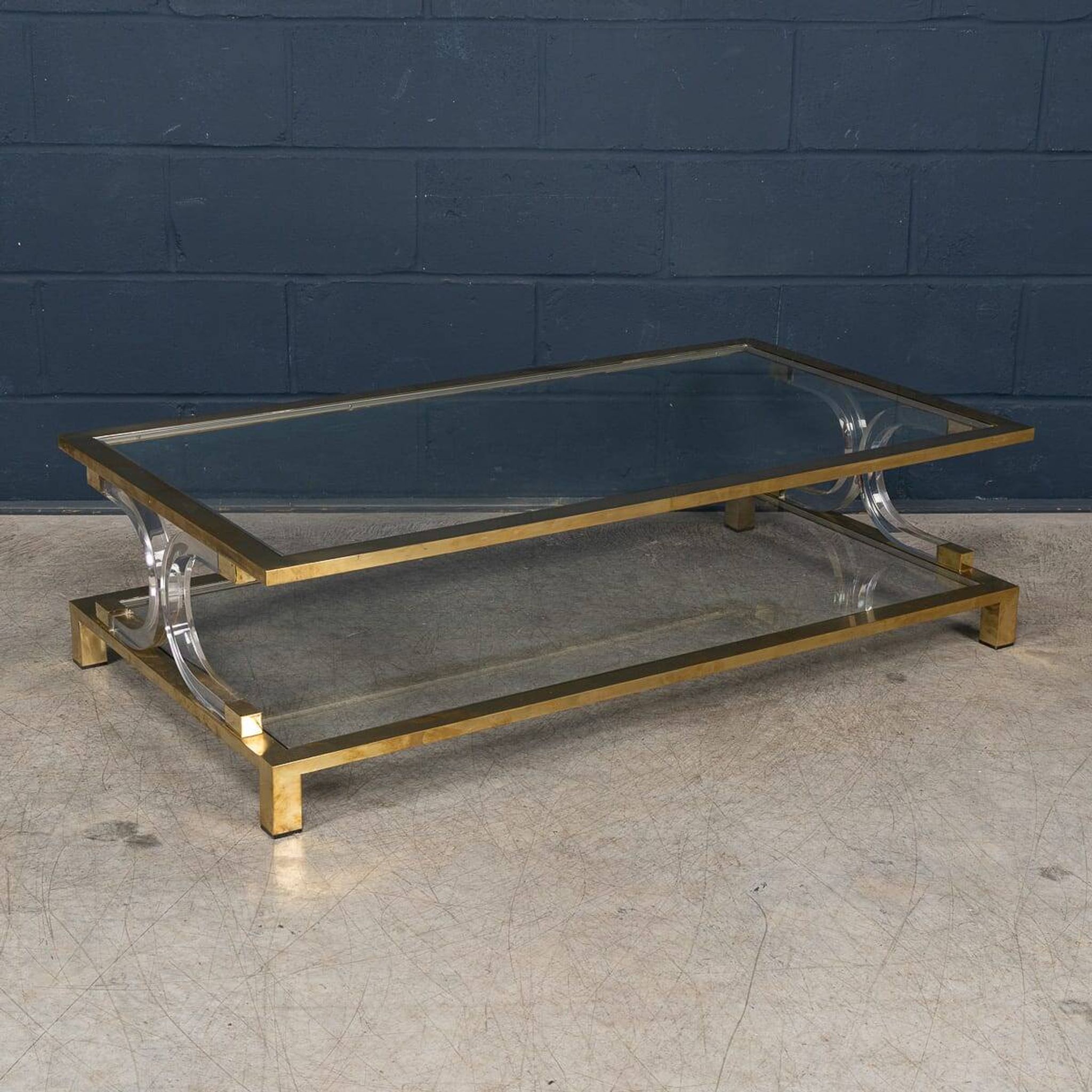 20thC ITALIAN HOLLYWOOD REGENCY GLASS, BRASS & PERSPEX COFFEE TABLE c.1980
