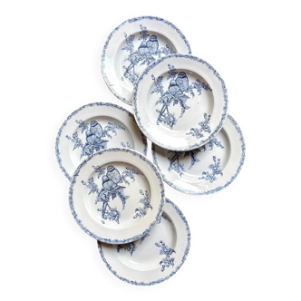 6 assiettes creuses Clairefontaine - Léon Graves en terre de fer, service "Chardonnerets" fin XIXème