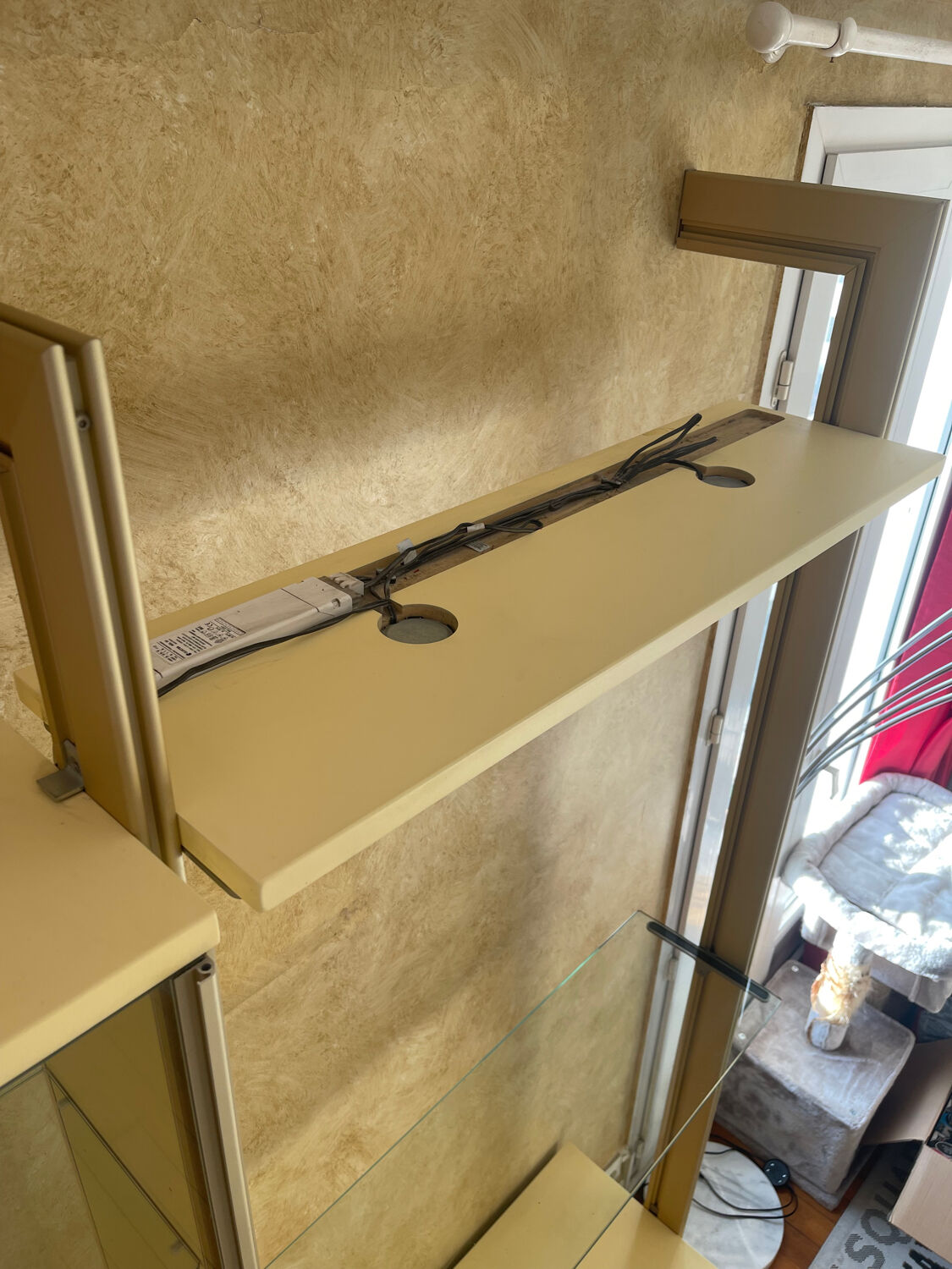 Library, vintage glass and gold aluminium display case, 1980s.