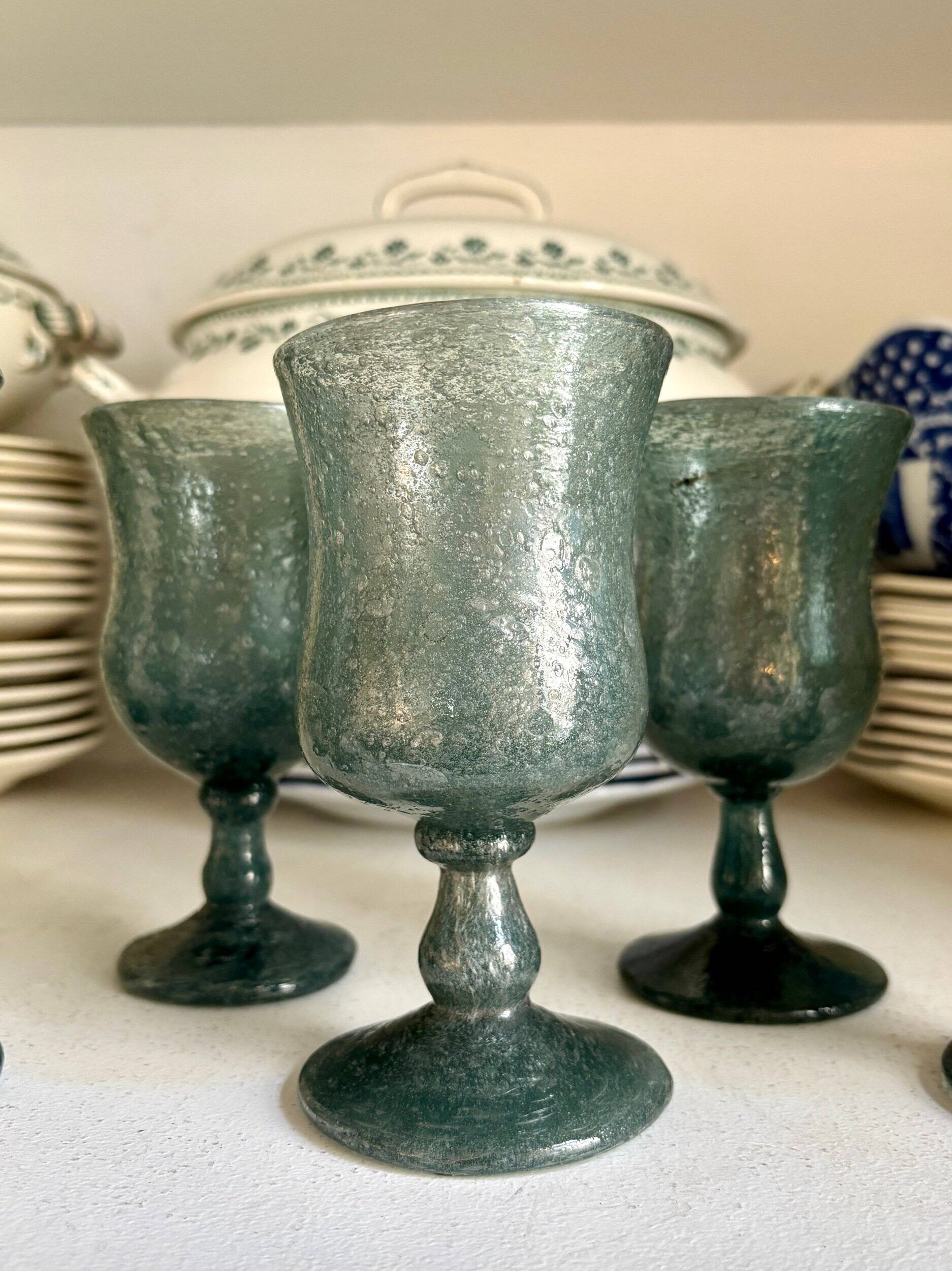 6 BIOT stemmed glasses in blue bubbled glass