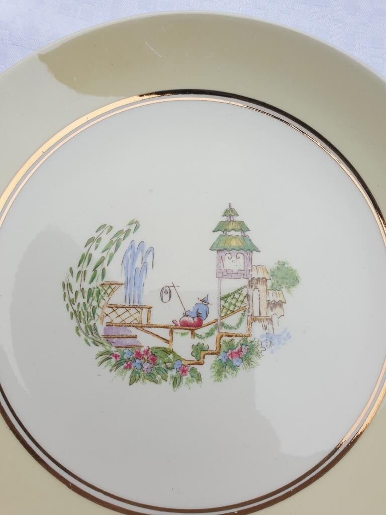 Set 12 plates Gien 1960 Japanese gardens variations in minor yellow