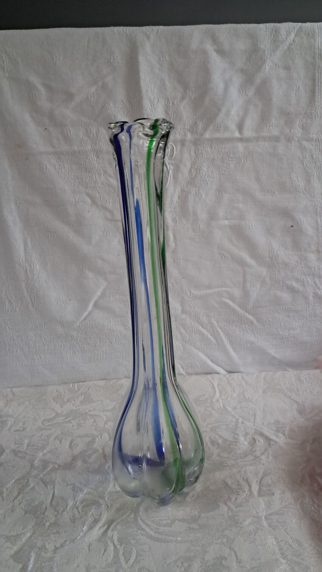Vintage Murano glass filigree soliflore vase in blue and green.