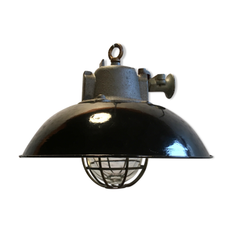 Black Enamel & Cast Iron Industrial Cage Pendant Lamp, 1950s