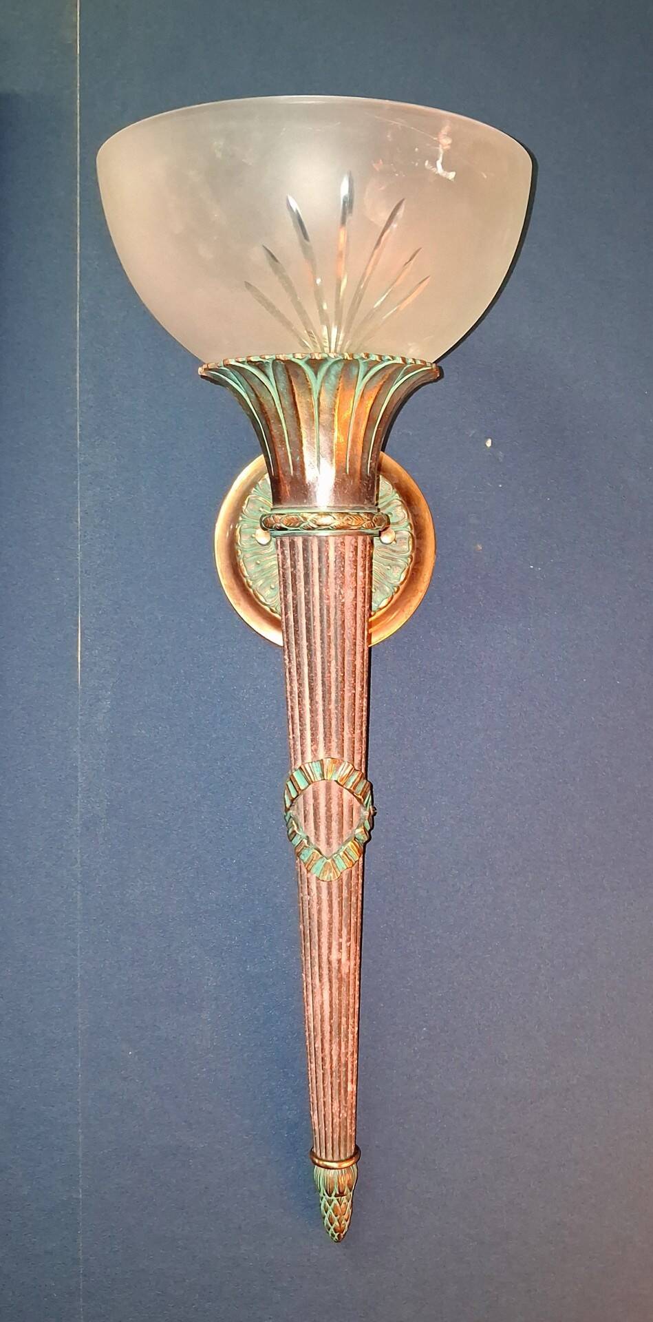 Pair of antique-style wall sconces in patinated bronze and frosted glass – early 20th century