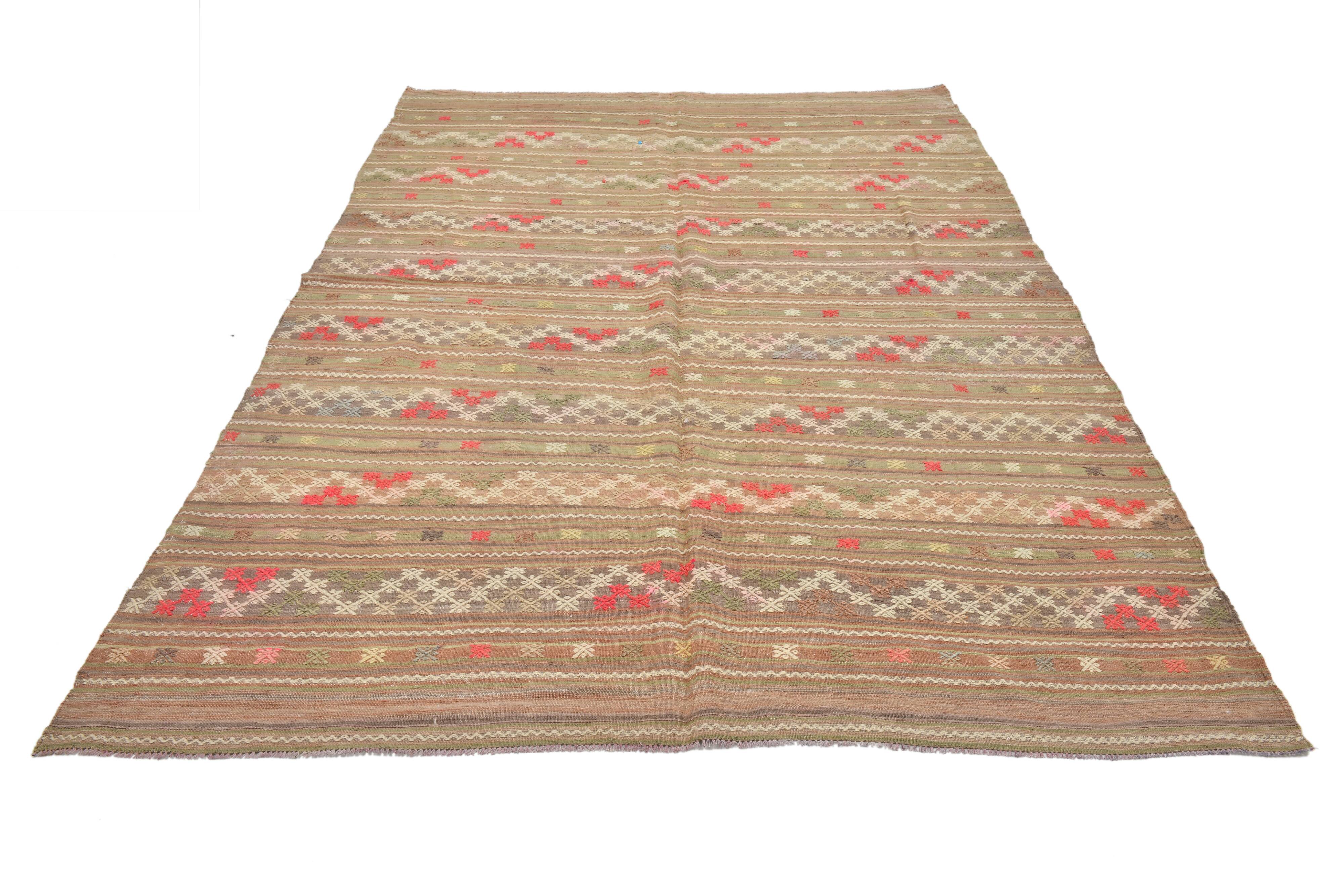 6x8 Light Green Brown Turkish Kilim Rug, 173x260Cm