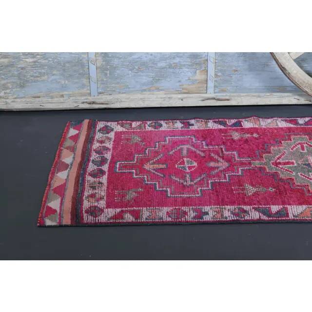 1970s Vintage Turkish Hand-Knotted Wool Cotton Purple Runner Rug 87x310