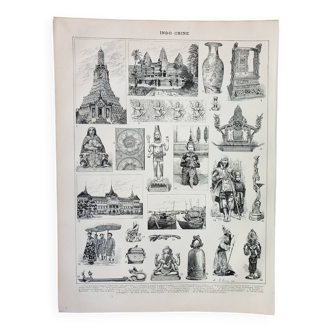 Old engraving 1898, Indochina, architecture, decoration • Original and vintage lithograph