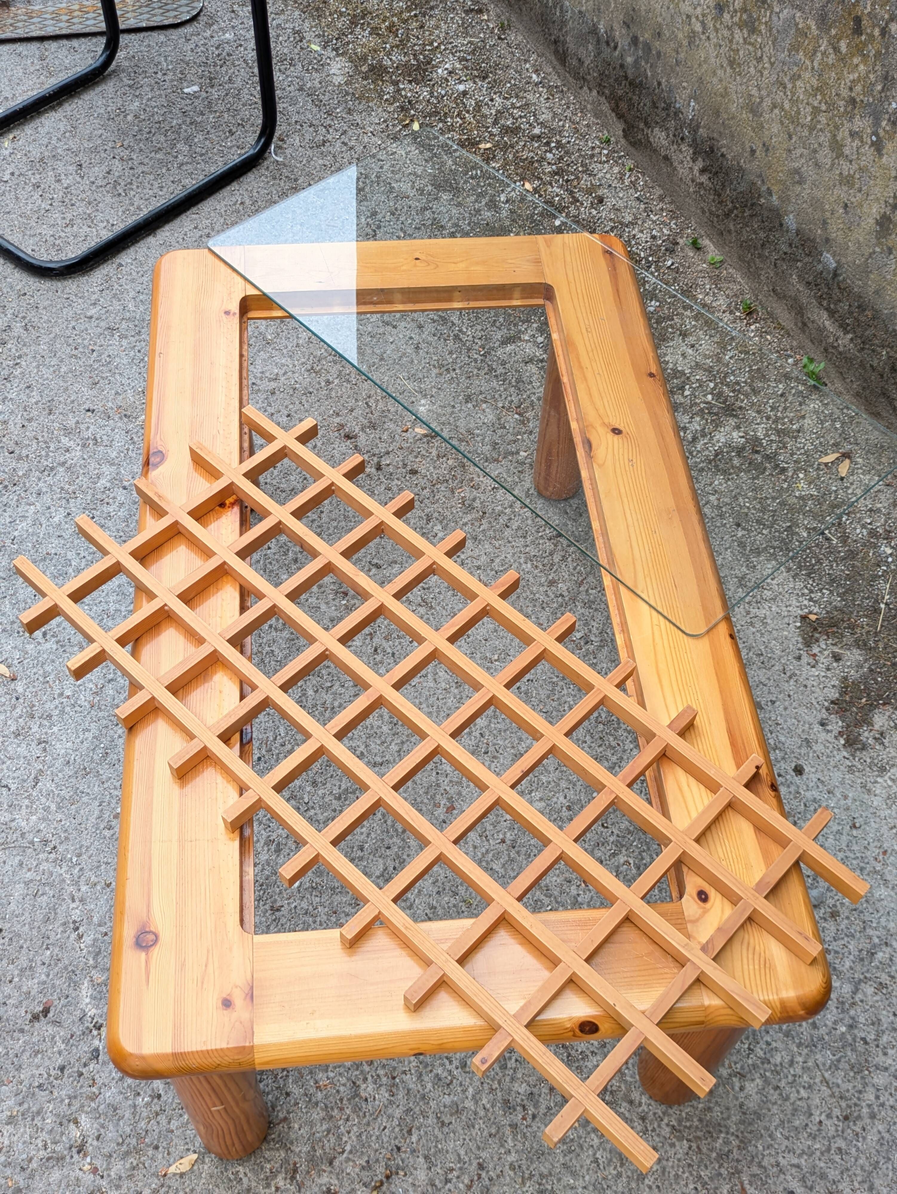 Lattice coffee table in pine and glass, France, 1980