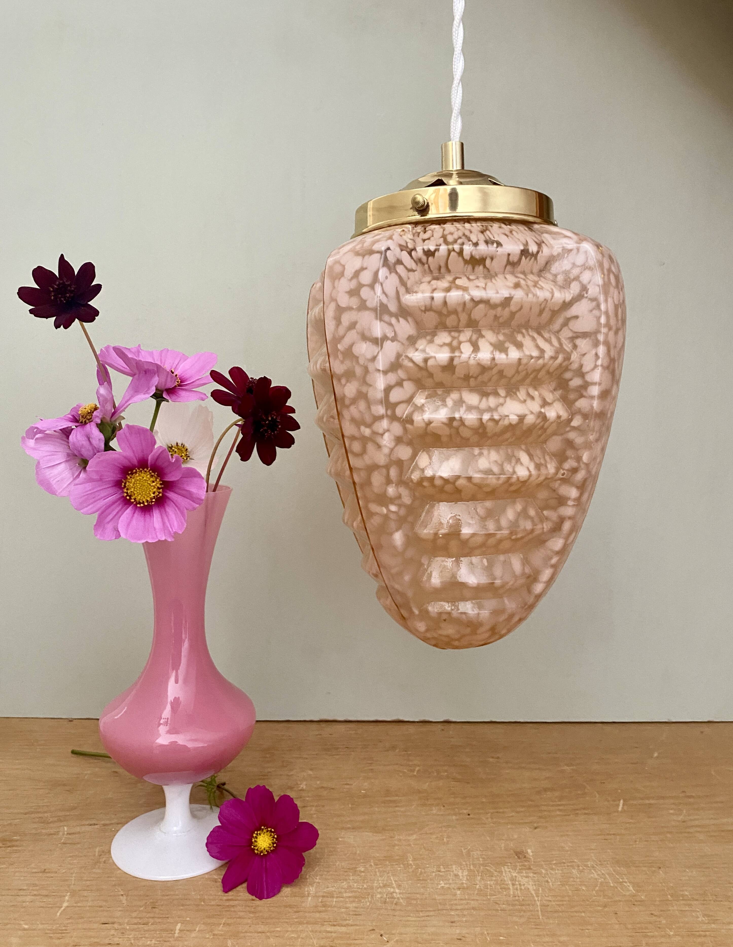 Vintage art deco globe pendant light in pink clichy glass