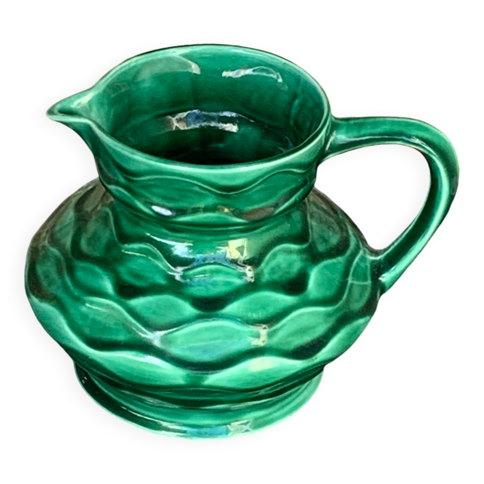 Carafe, pitcher in enamelled ceramic, slip, green, numbered 6183, vintage