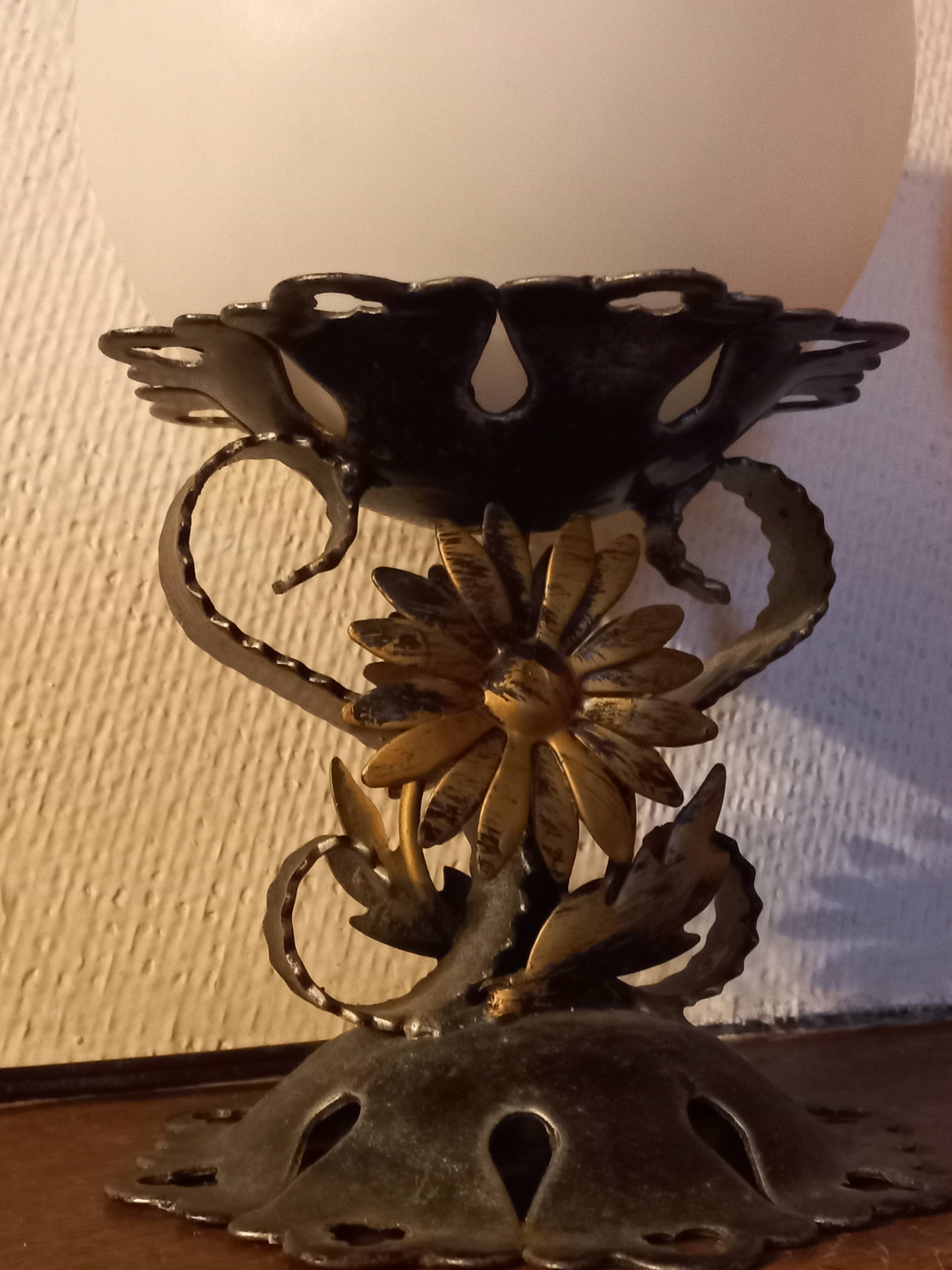 Pair of vintage wrought iron and opaline lamps from the 1960s.