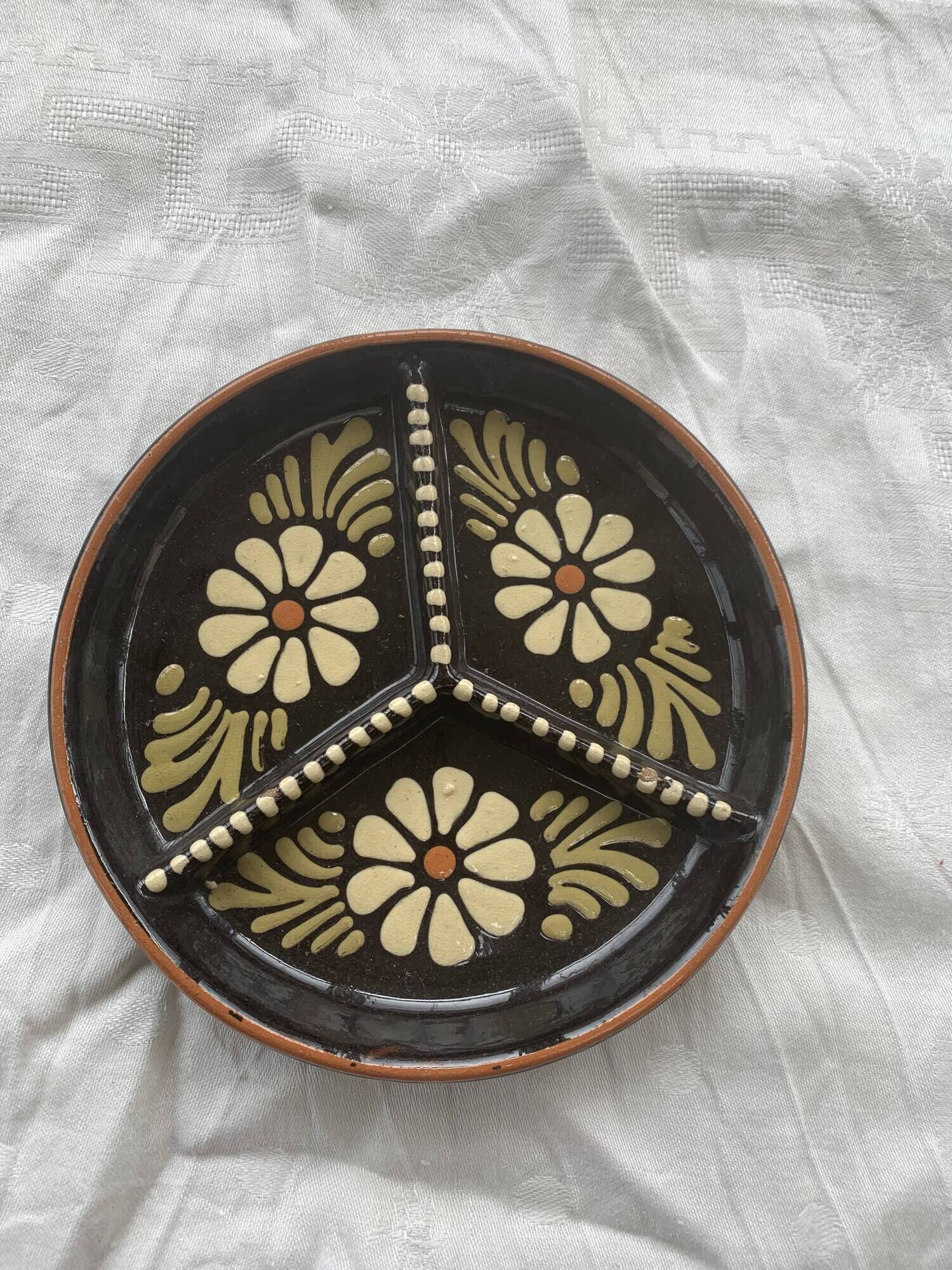 Compartment plate Alsatian pottery vintage floral pattern