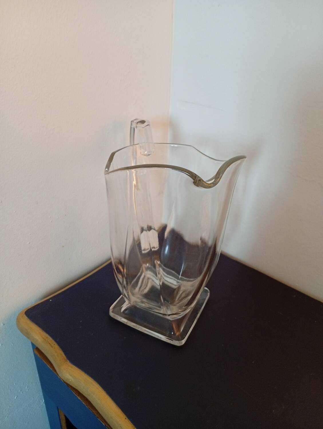 Vintage Art Deco style heavy crystal pitcher, square base.