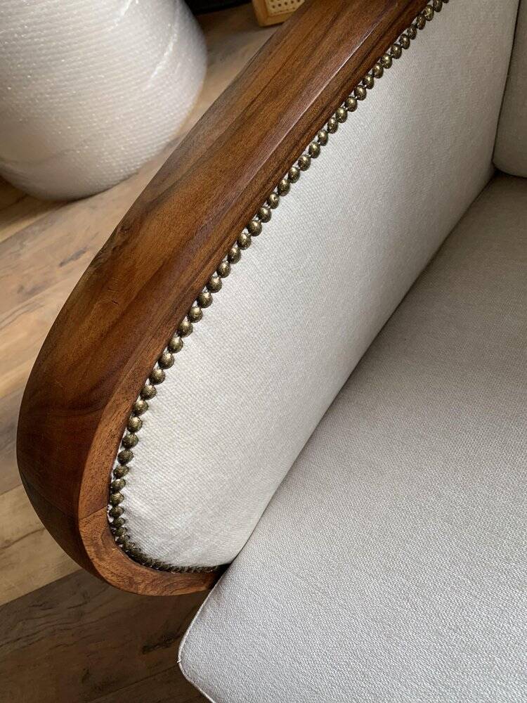 Hungarian Art Deco armchair 1930s beige fabric, carved wooden structure, elegant and comfortable.