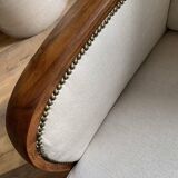 Hungarian Art Deco armchair 1930s beige fabric, carved wooden structure, elegant and comfortable.