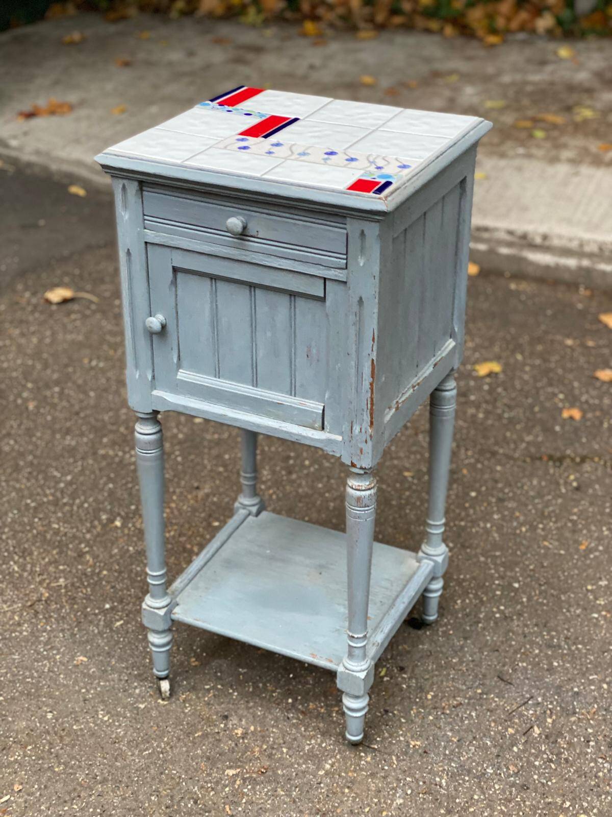 Henri II bedside table in solid grey wood and marble