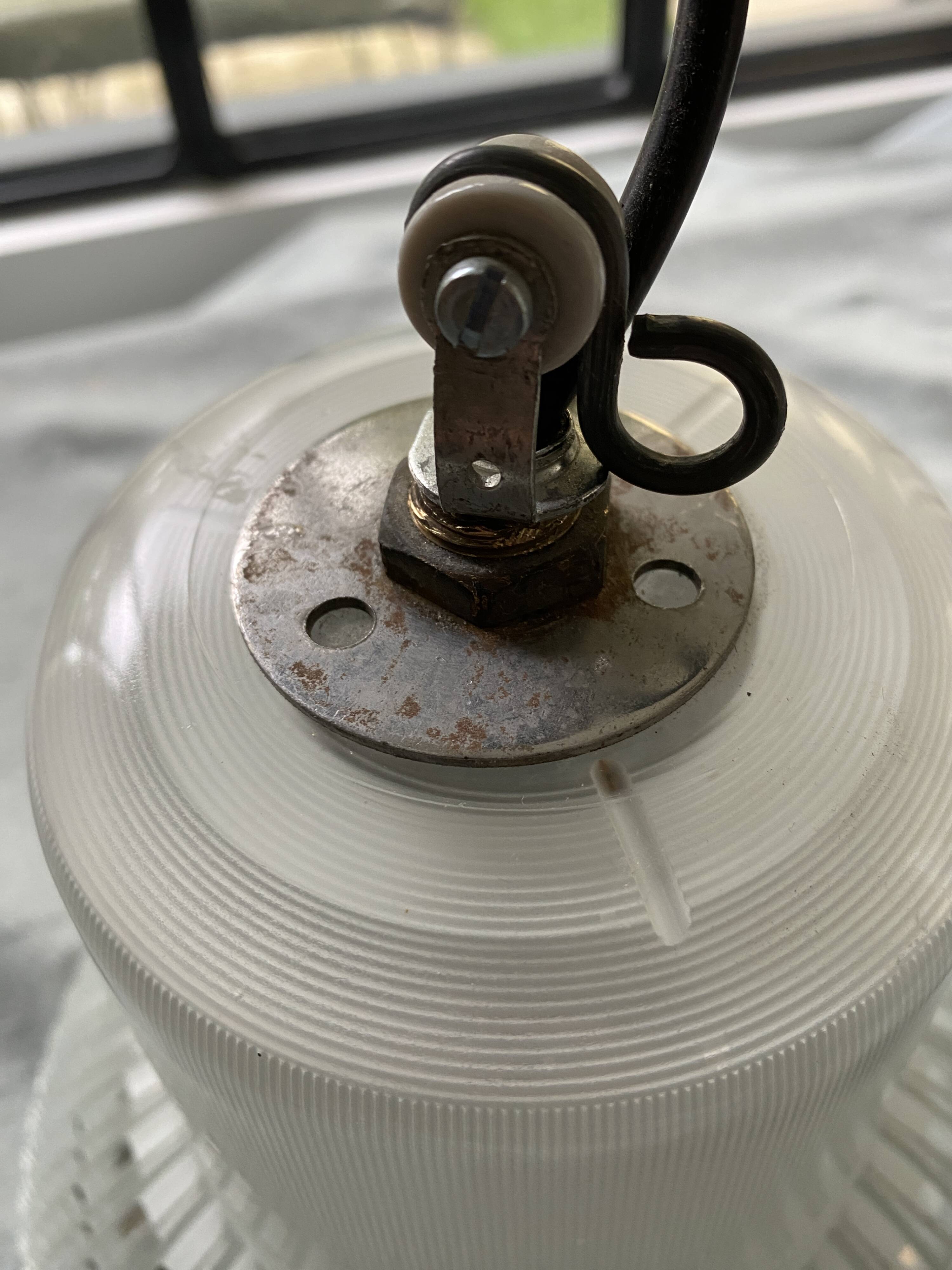 Vintage Holophane Suspension Chandelier from the 50s/60s, industrial style, transparent striated glass