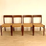 Suite of 4 Scandinavian teak chairs and braided rope