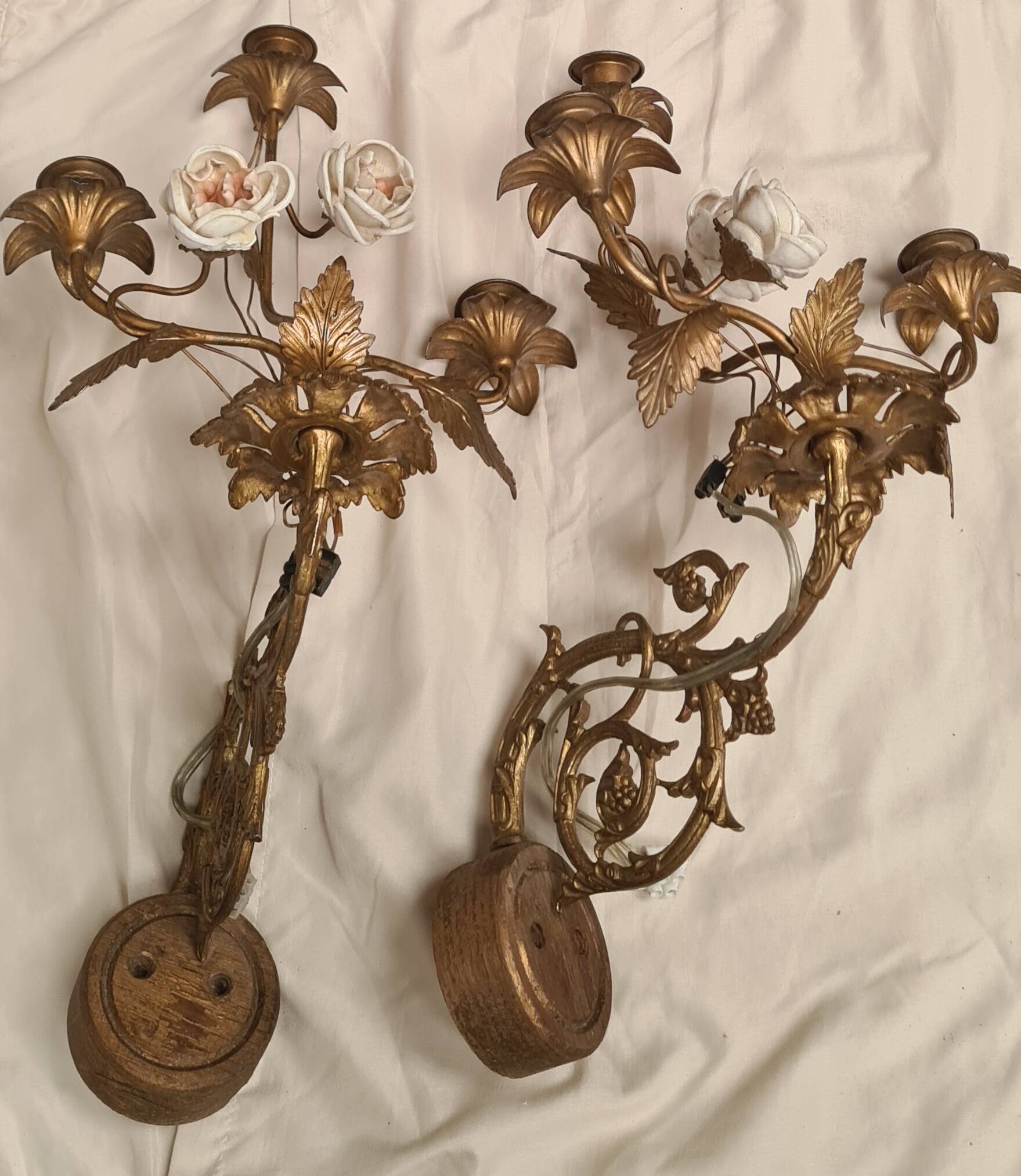 pair of wall lights brass bronze 1900 to 30 pink porcelain 45x28