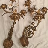 pair of wall lights brass bronze 1900 to 30 pink porcelain 45x28