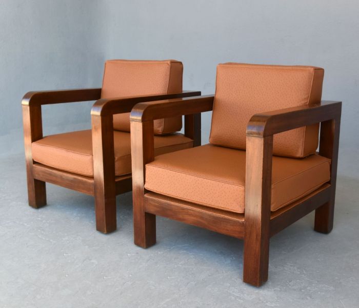 Pair of armchair era 1940 imitation aluminum leather of ostrich havana