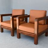 Paire de fauteuil époque 1940 simili cuir d'autruche havane