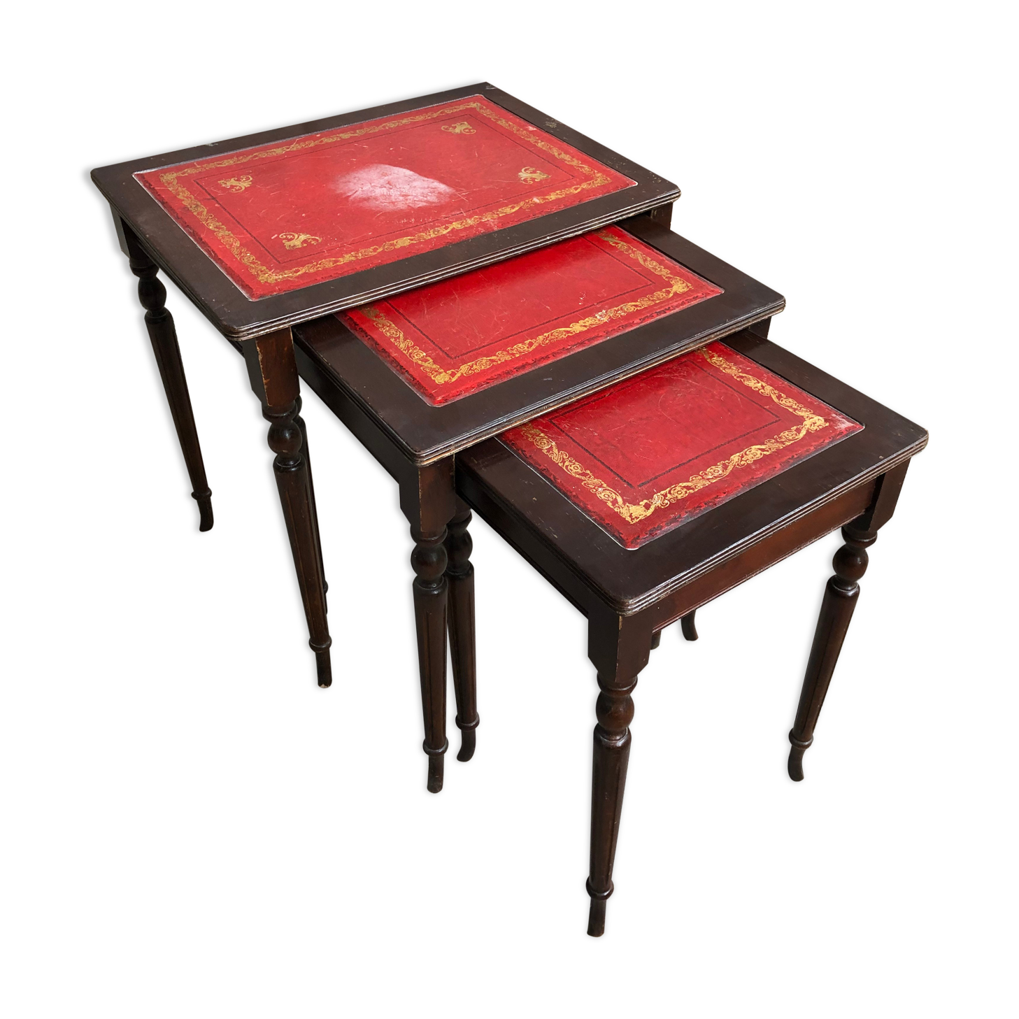 Series 3 Tables Trundles Wood Bent Feet + Top Embossed Leather Vintage Red