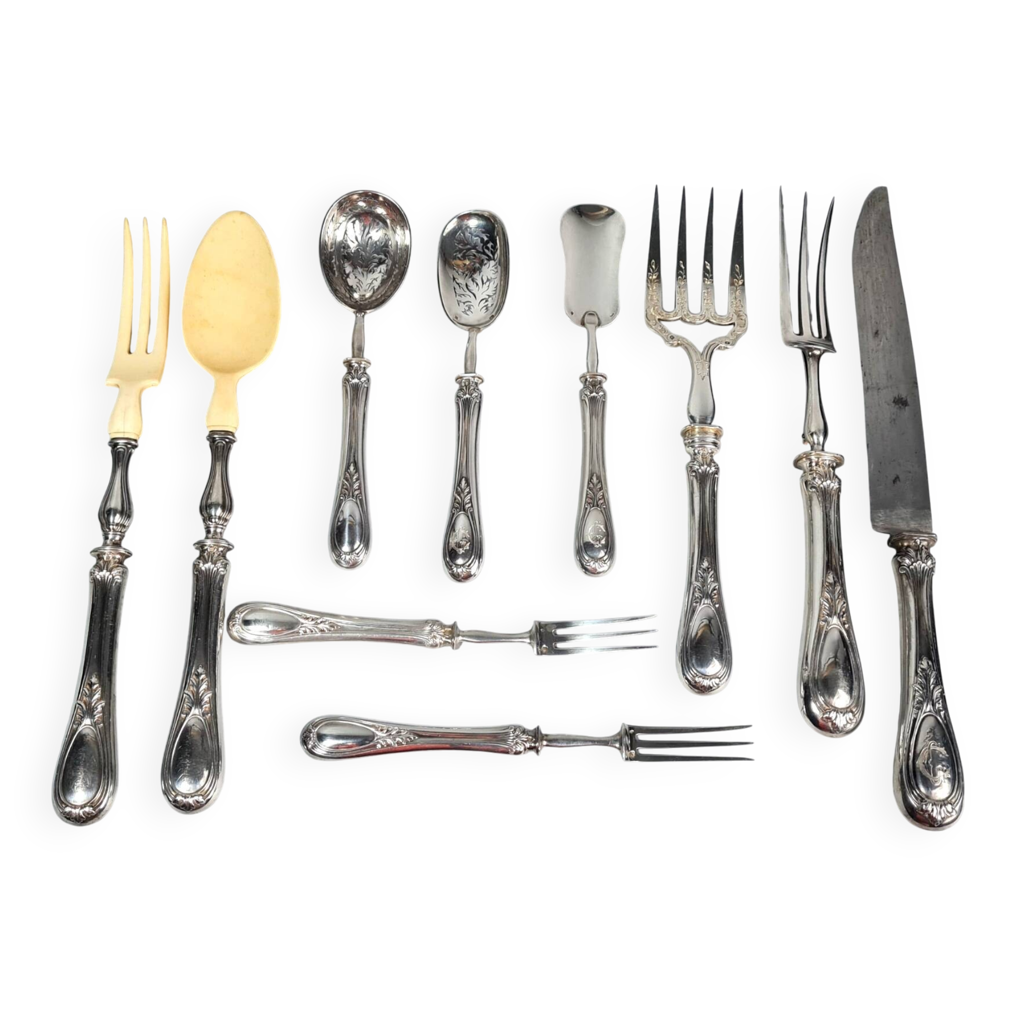 10 silver serving cutlery, Minerva hallmark + rosewood case, 19th century. C730