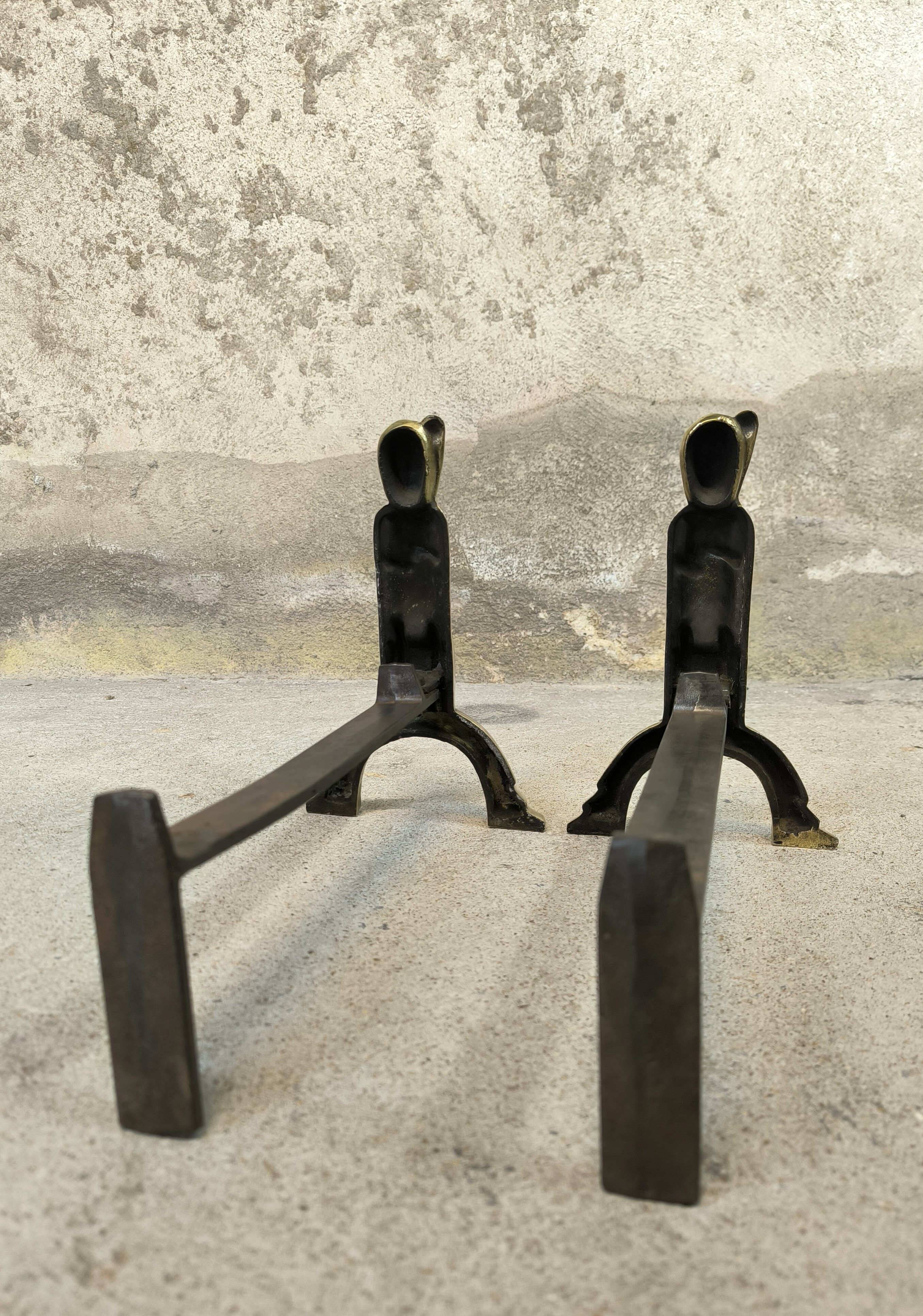 Pair of bronze "Shamans" andirons by Anton Prinner