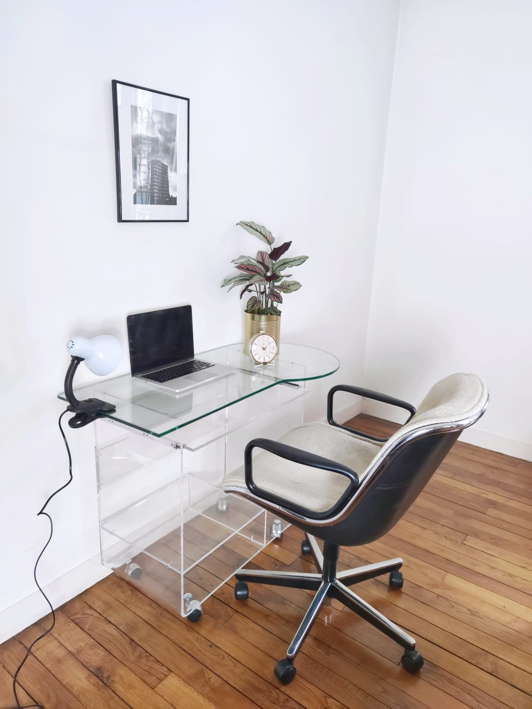 Small glass desk and plexiglass