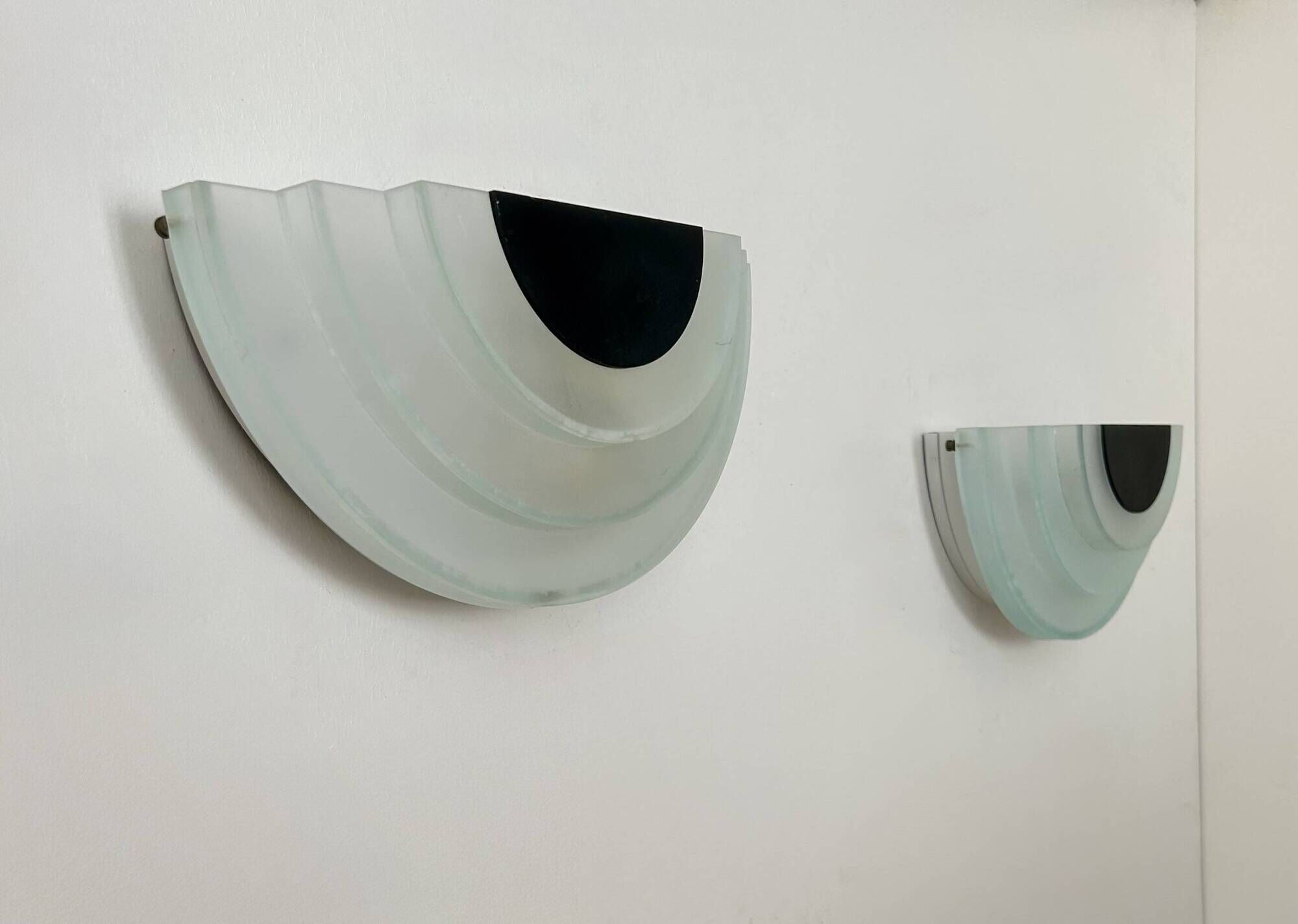 Pair of vintage wall lights, sandblasted perspex and black metal, Italy, 1980
