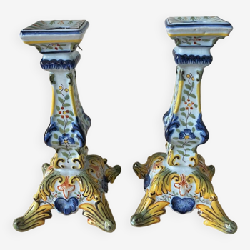 Set of 2 earthenware candlesticks from Desvres Décors Rouen