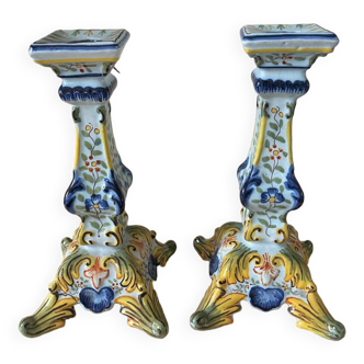 Set of 2 earthenware candlesticks from Desvres Décors Rouen