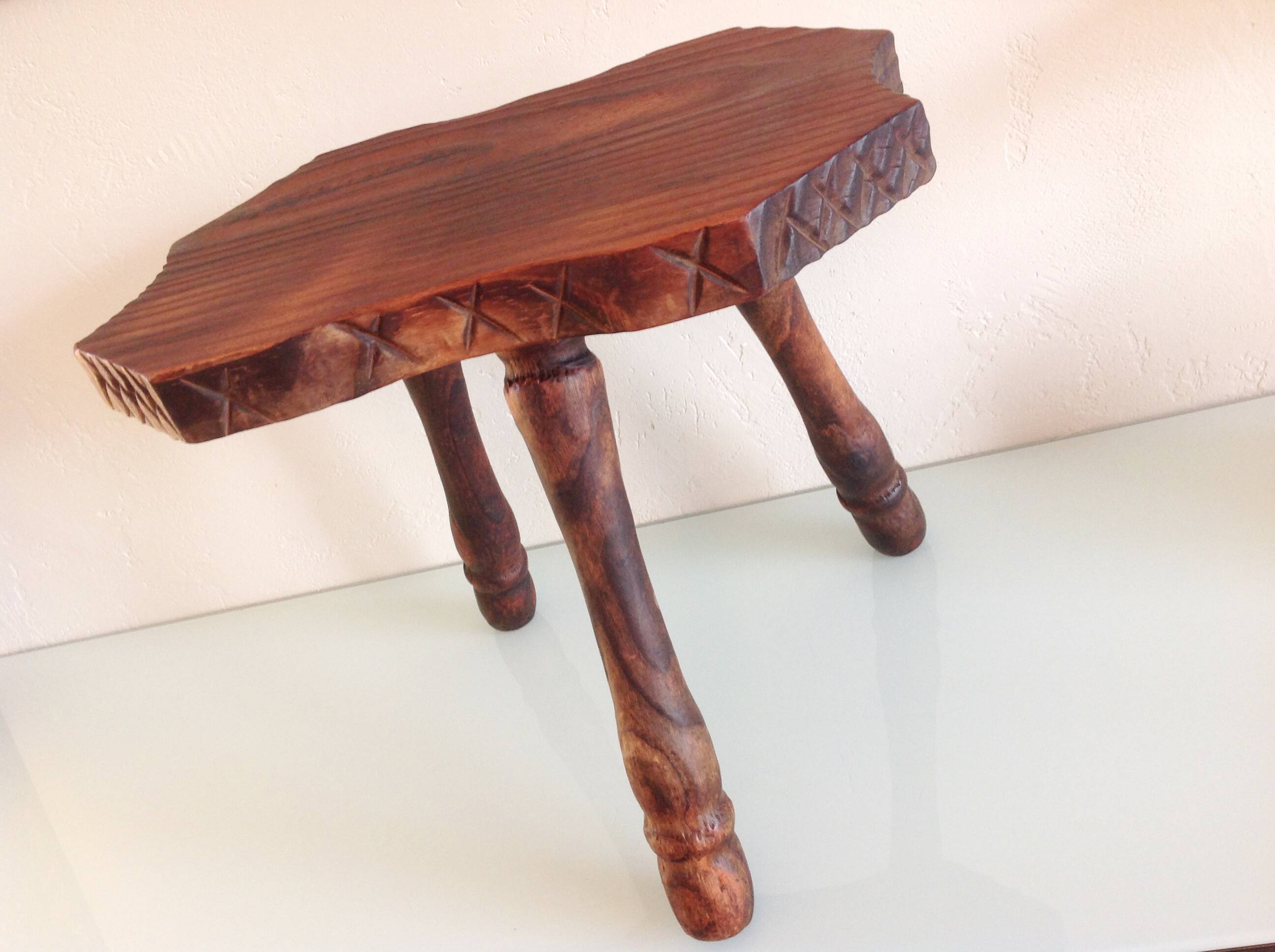 Vintage brutalist wooden tripod stool from the 60s and 70s