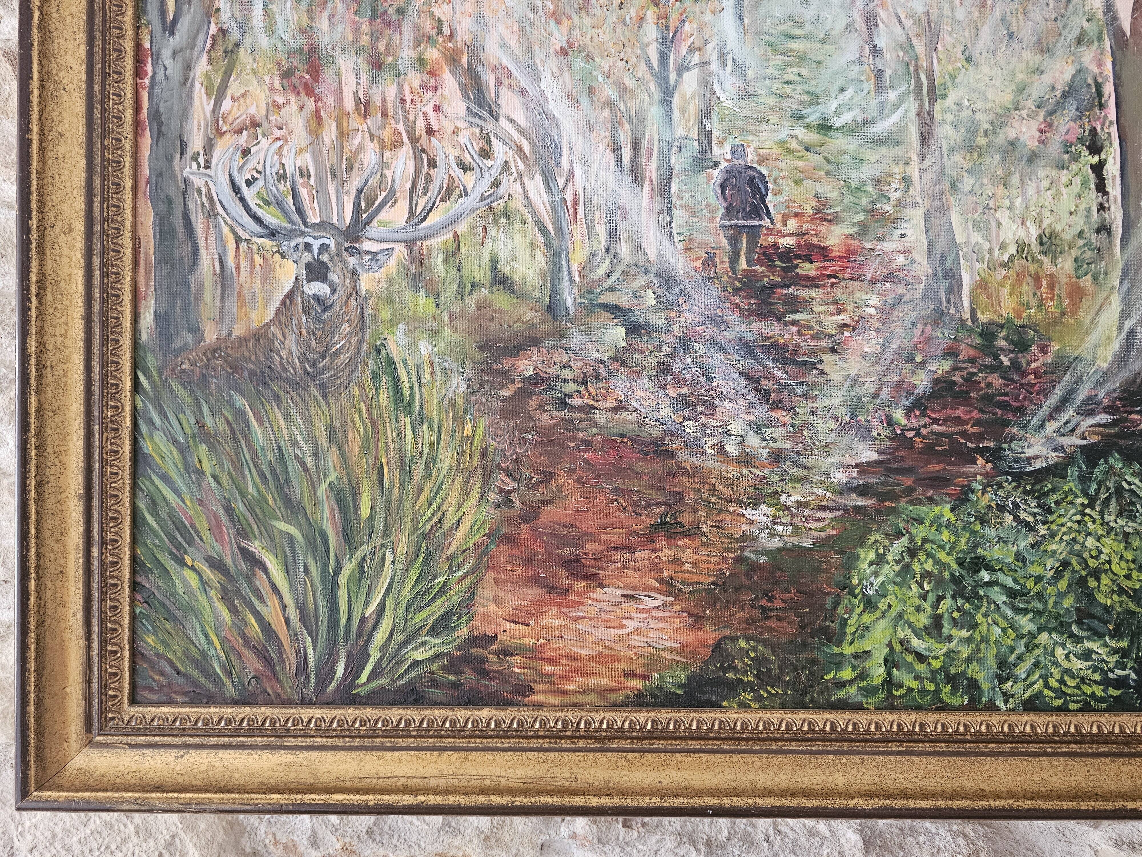 Oil on Canvas Painting Landscape Forest Hunting Scene signed M Pierret