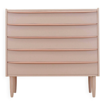 Danish pink chest of drawers 1970s, four drawers, teak veneer