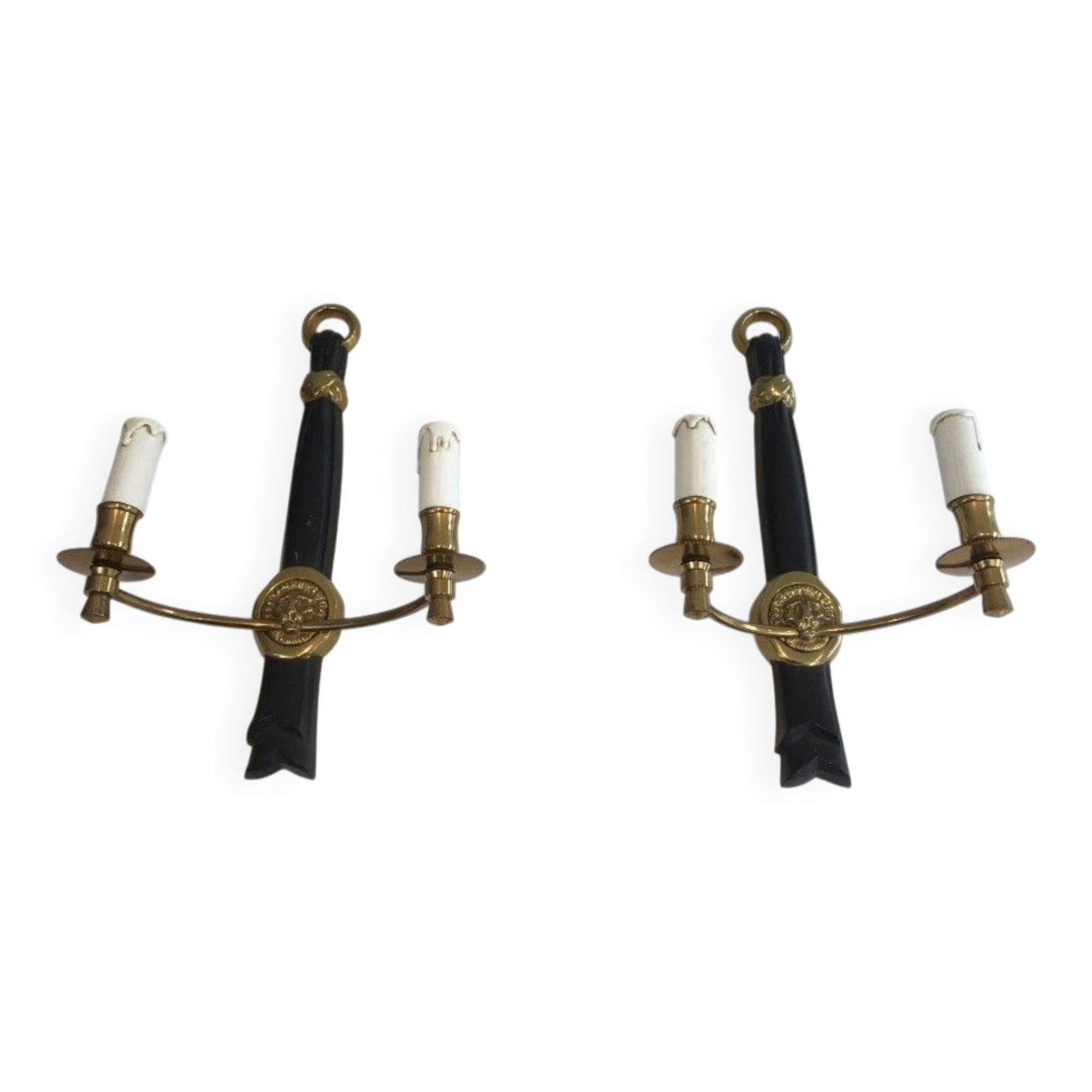 Pair of Black Lacquered Bronze Wall Lights with Lion Head Decorations