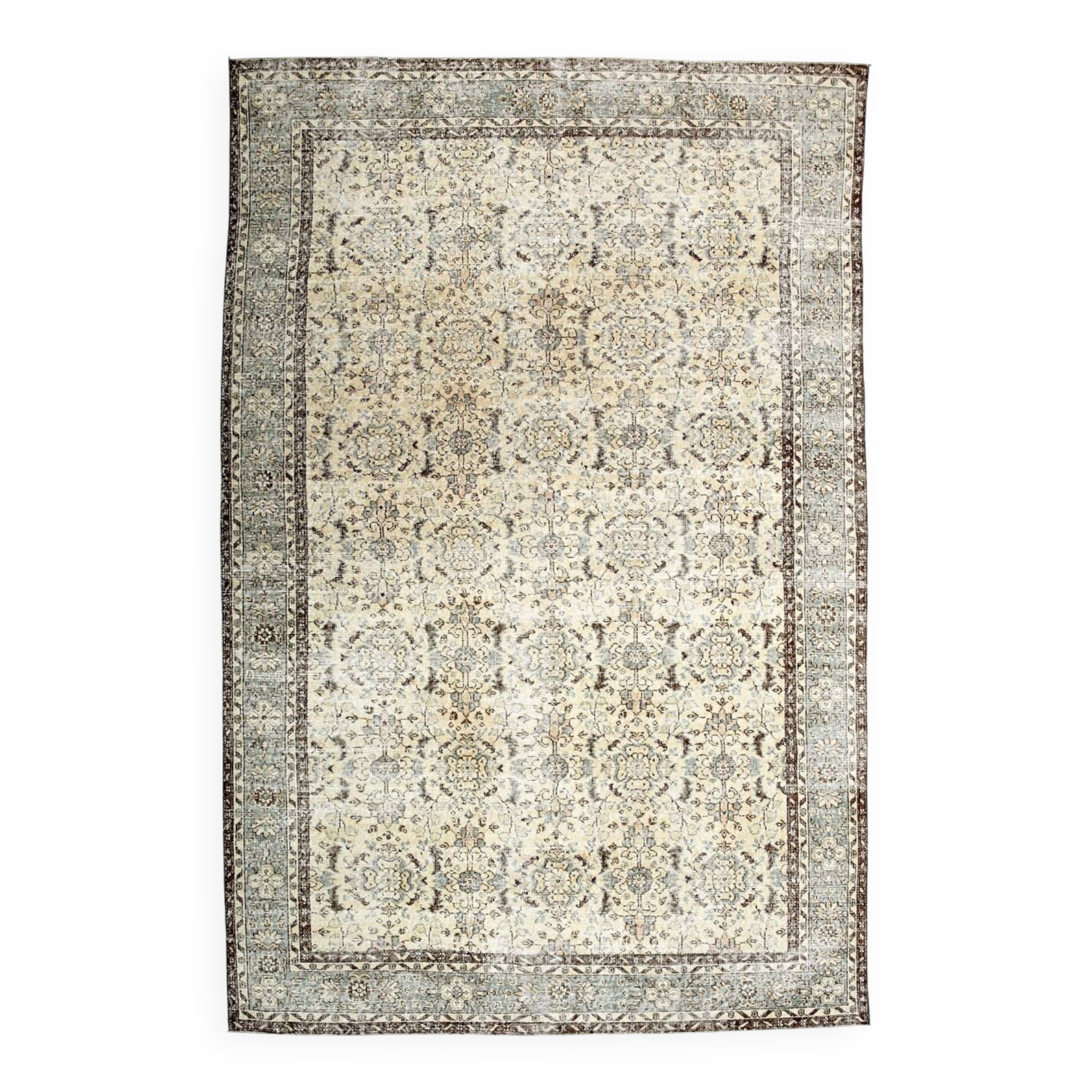 7x10 Turkish Cream Brown Bordered Vintage Rug, 207x316Cm