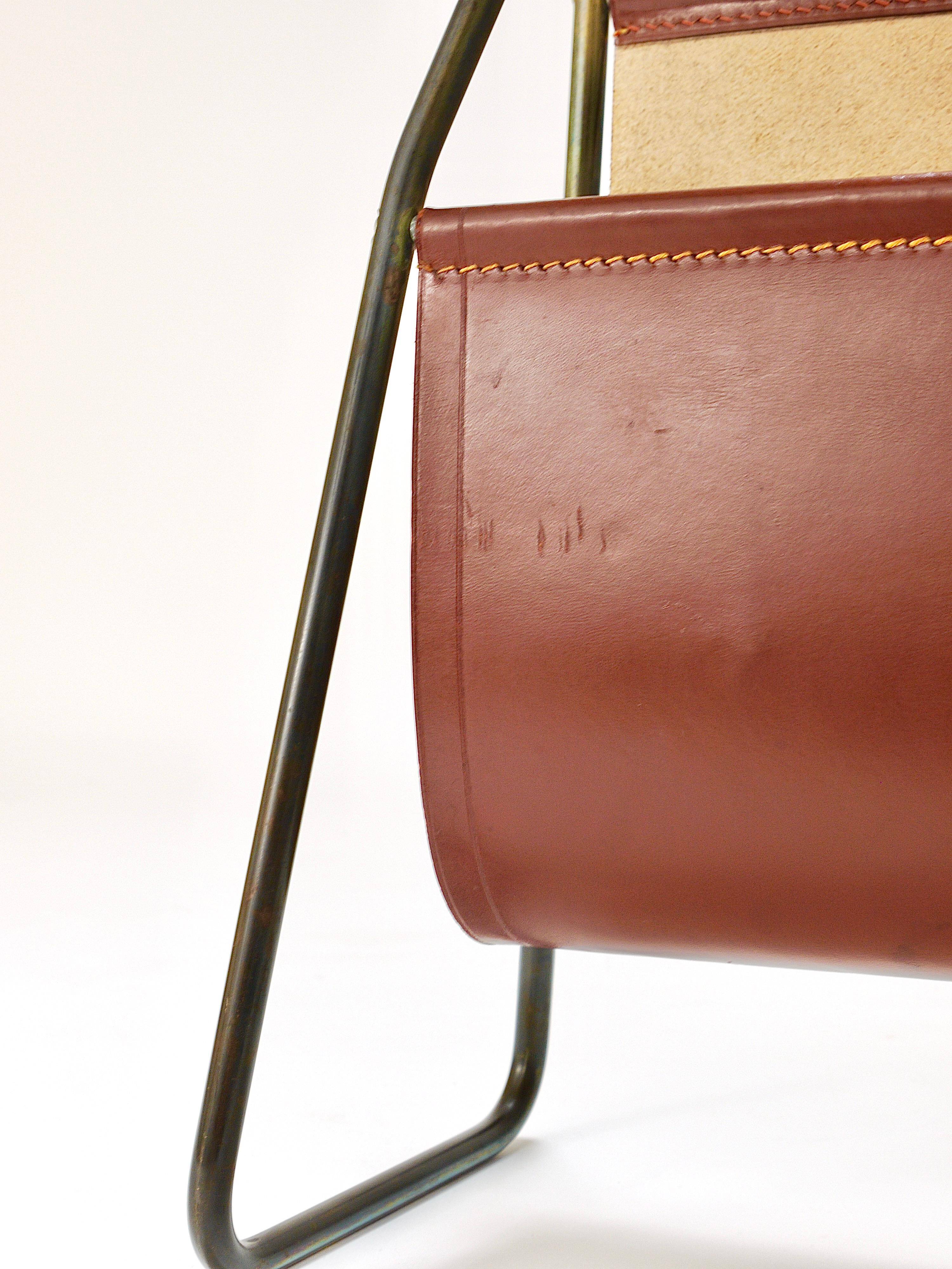 Carl Auböck II Magazine rack Midcentury, brass and brown leather, vintage, Austria