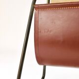 Carl Auböck II Magazine rack Midcentury, brass and brown leather, vintage, Austria