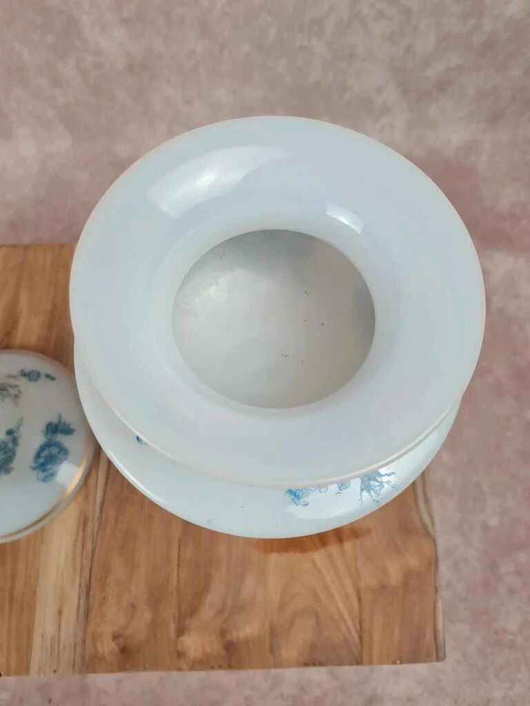 Beautiful pair of pedestal vases in white opaline – old blue decoration.