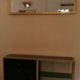 Console set and its mirror, black and gold, 80s