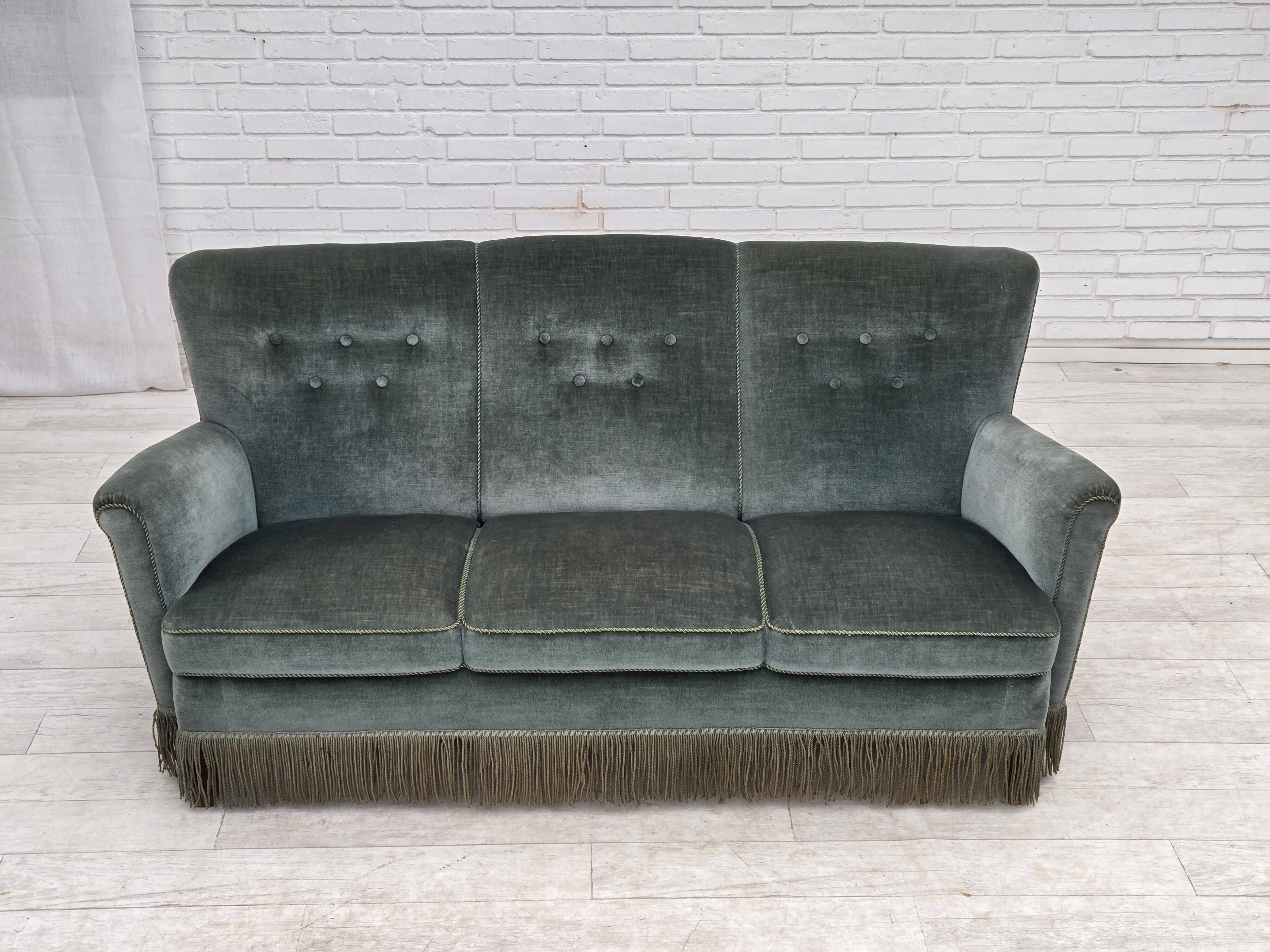 1960s, 3-seater Danish sofa, green furniture velour.