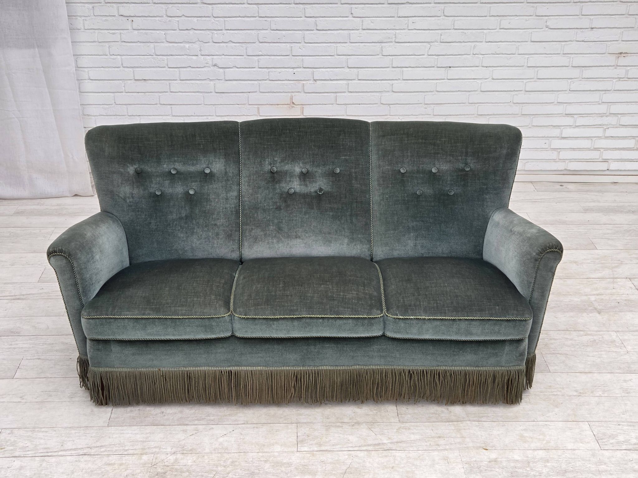 1960s, 3-seater Danish sofa, green furniture velour.