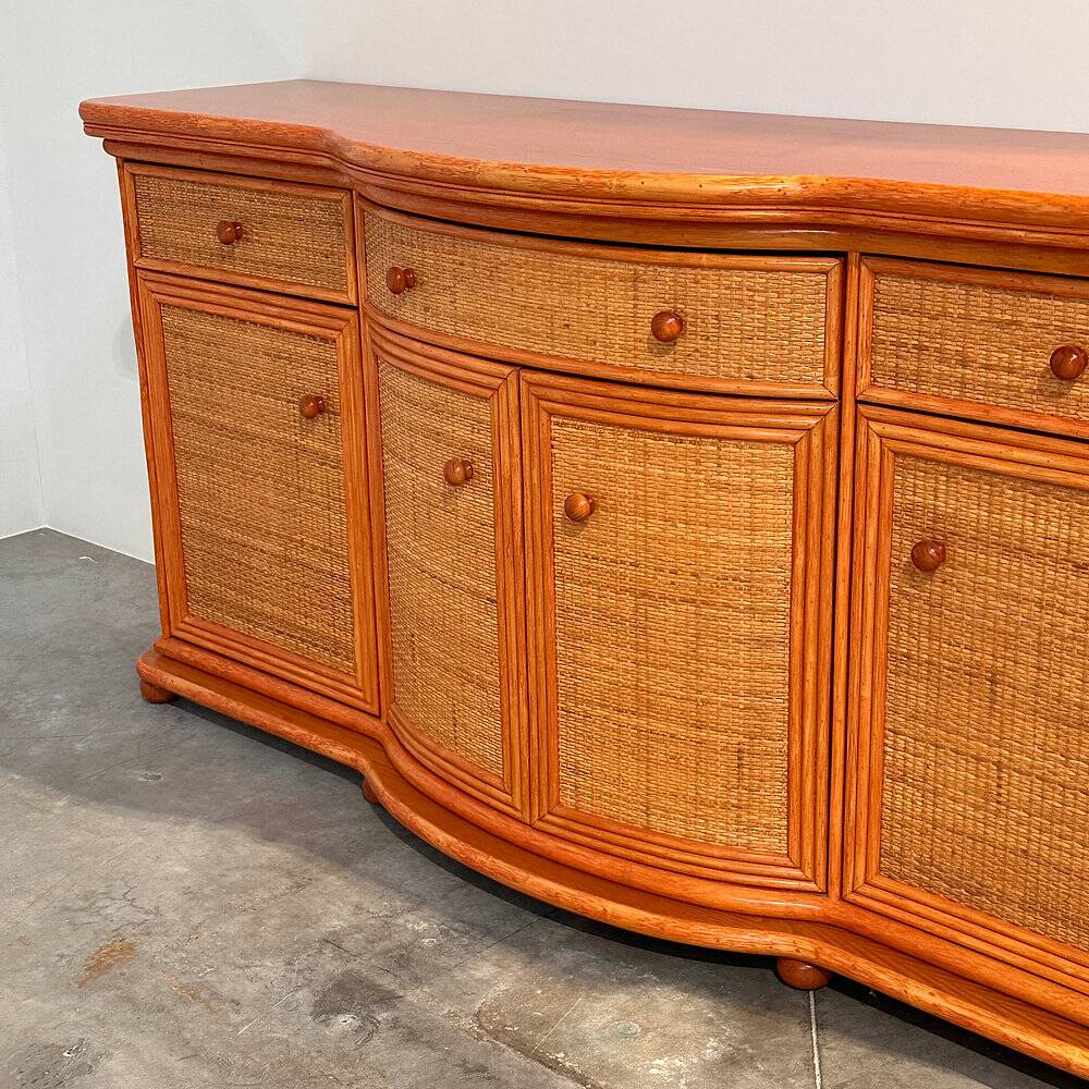 Vintage rattan & wood orange curved sideboard, 1980s